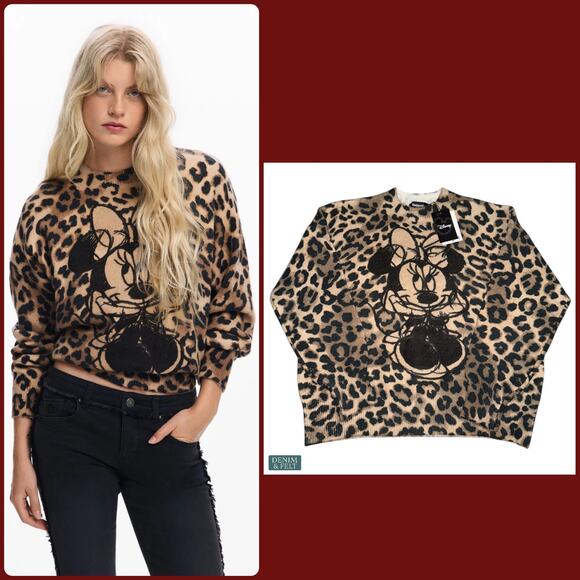 Desigual Disney Minnie Mouse Leopard Print Sweater Glam Luxe Chic Trendy NWT 🐆 - Picture 1 of 15